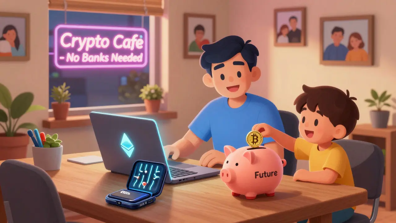 A worker receives crypto payment as their child saves Bitcoin for the future in a cozy home scene.