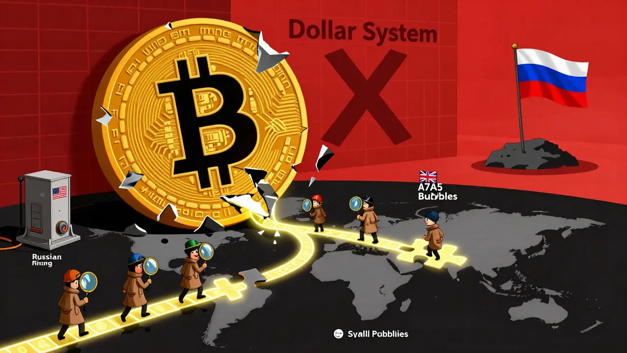 Bitcoin cracking apart as agents trace blockchain paths to Russian crypto network on isolated island.