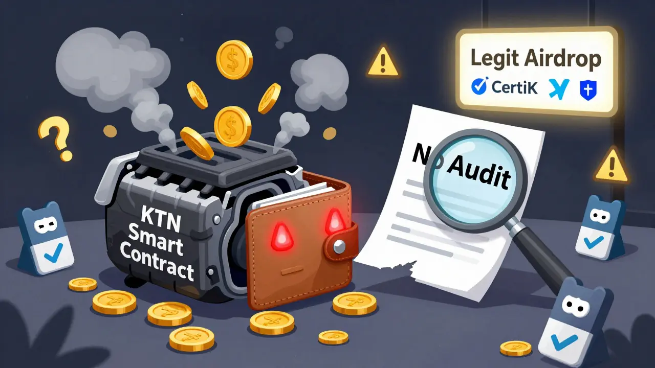 Broken car engine labeled 'KTN Smart Contract' smoking coins with warning lights.
