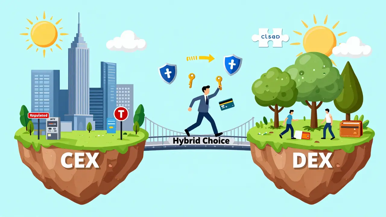 Cartoon bridge connecting centralized and decentralized crypto worlds, with a person choosing both paths.