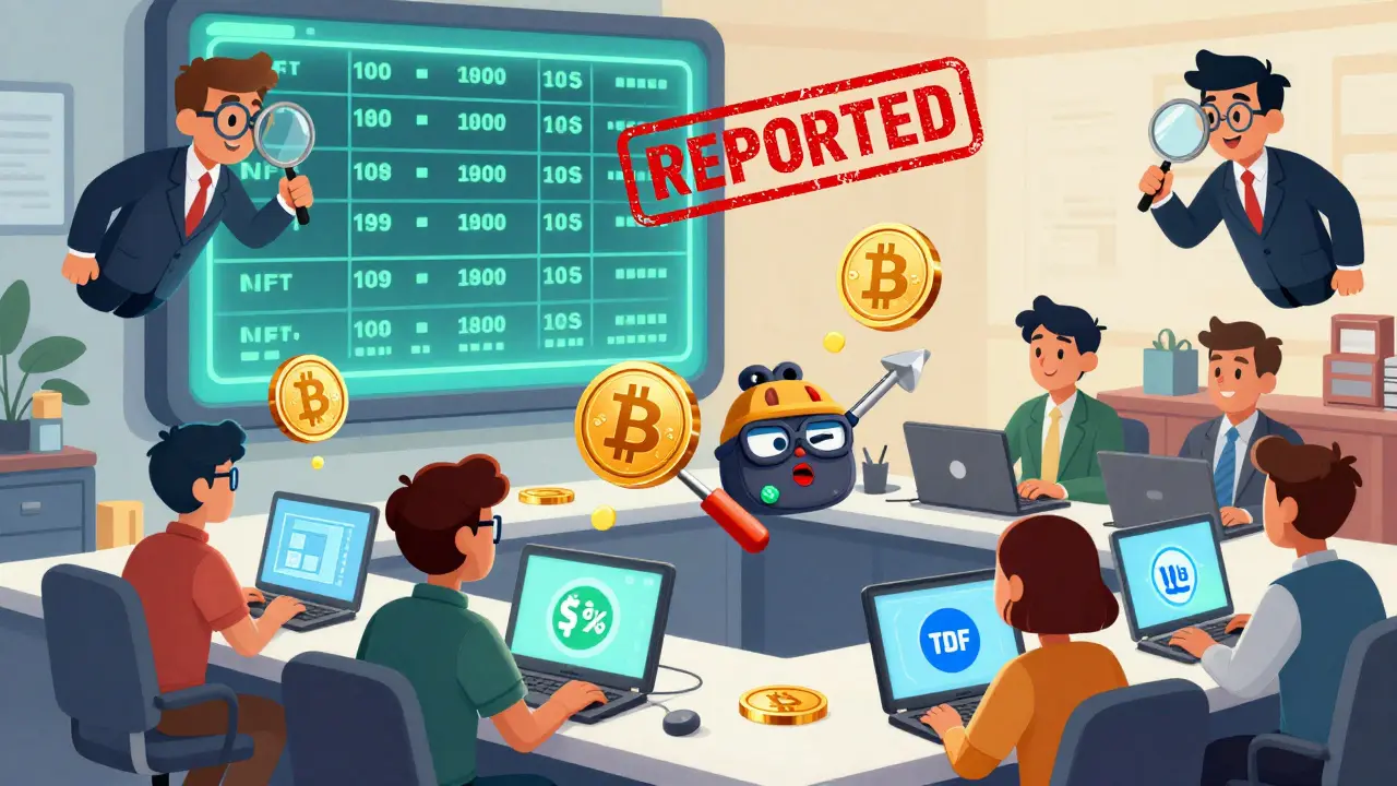 Cartoon crypto traders losing 1% TDS coins on every trade in a bustling market.