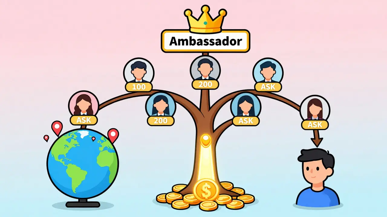 Cartoon referral tree with growing ASK rewards, showing how inviting others increases earnings on Permission.io.