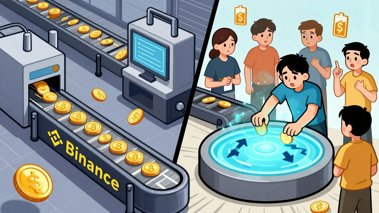 Cartoon trading floor showing fast CEX automation vs. slow, complex DEX token swaps with confused users.