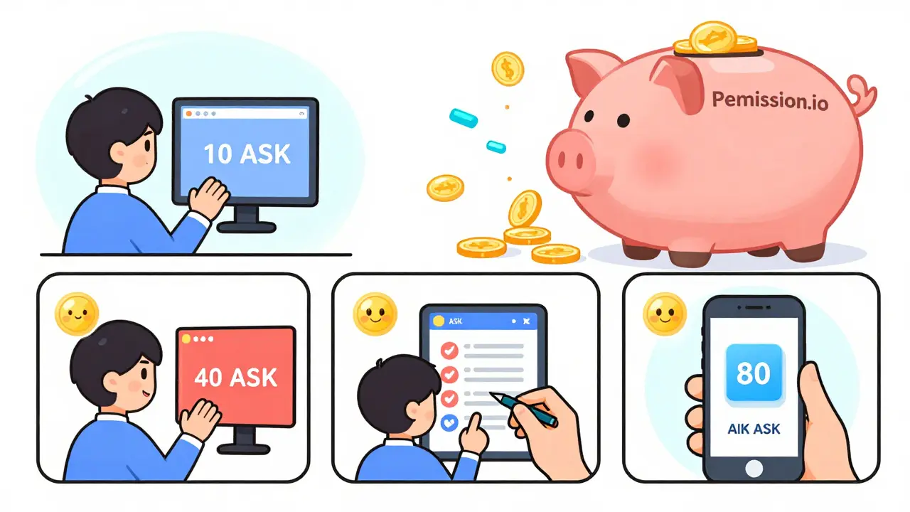Cartoon user earning ASK tokens by watching videos, taking surveys, and installing apps in a playful digital environment.