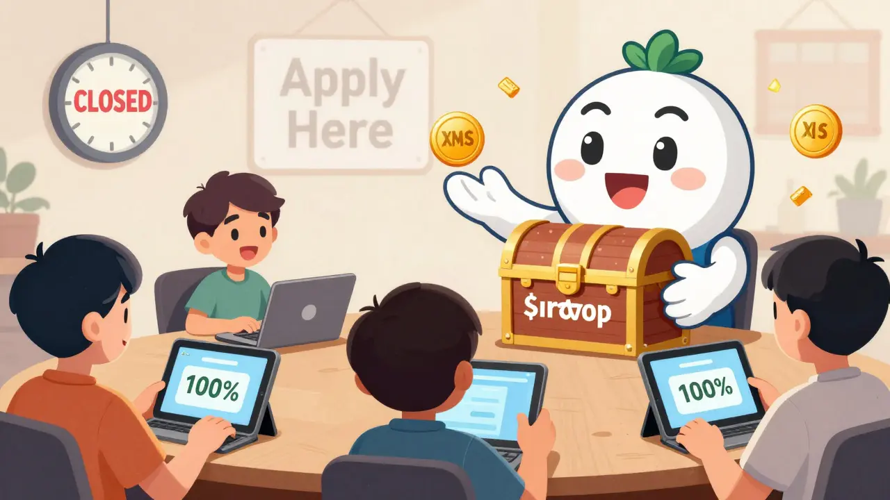 Cartoon users watching videos and getting XMS tokens from CoinMarketCap's treasure chest.