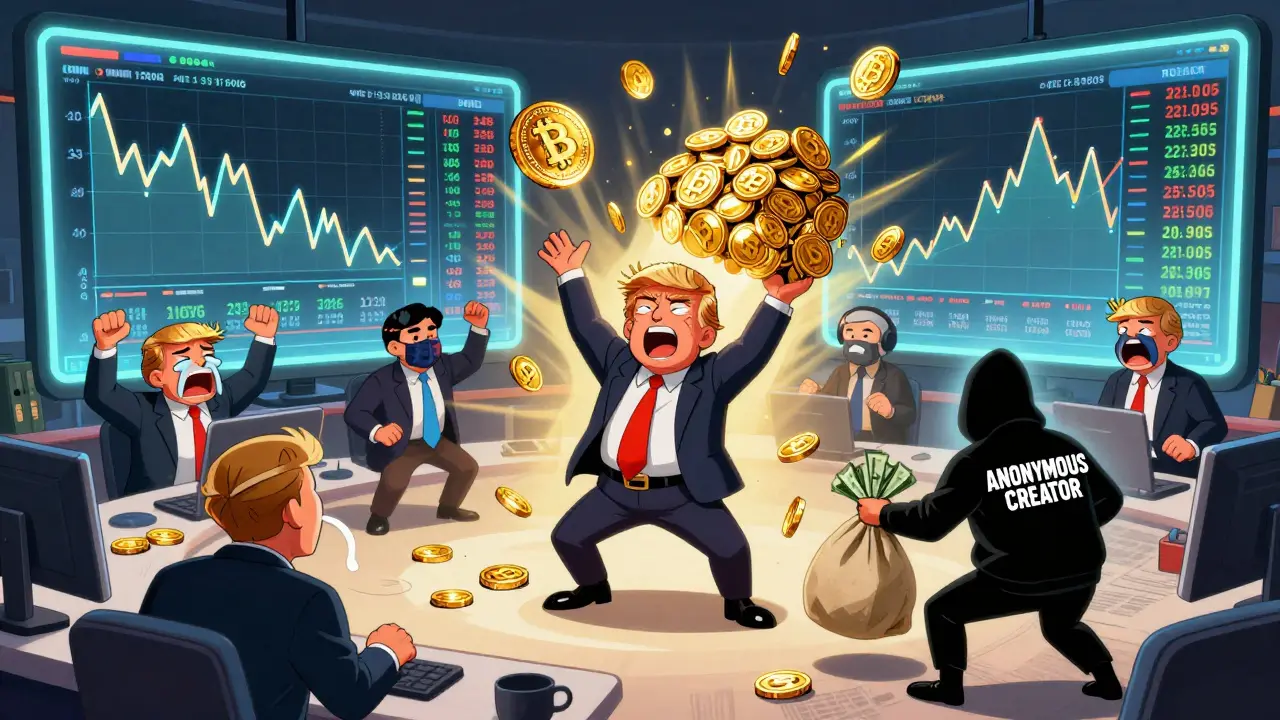 Chaotic trading floor with masked traders panicking over wild TROG price swings.