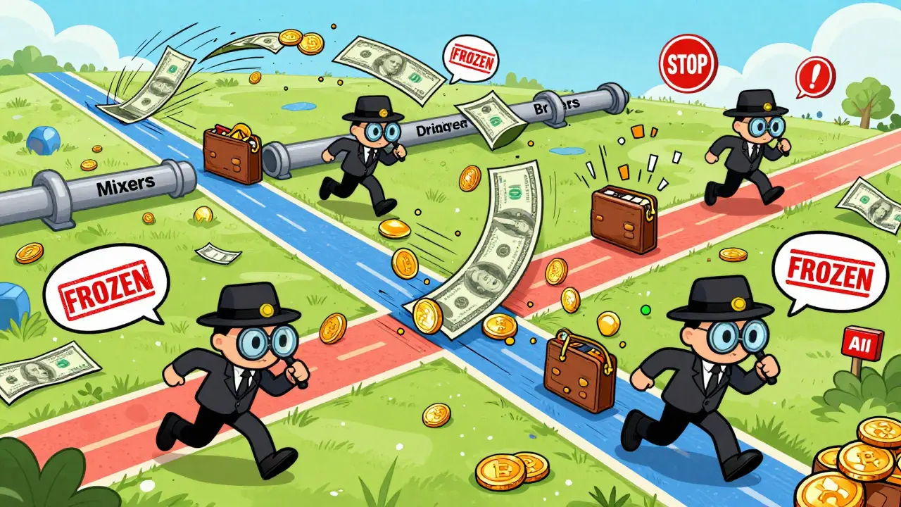 Colorful crypto transactions being tracked and frozen by AI detectives across blockchain pathways.