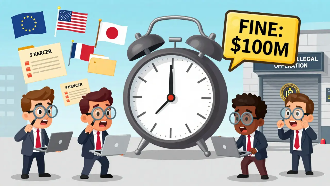 Compliance officers surrounded by global regulations and a giant fine warning beside a shut-down exchange.