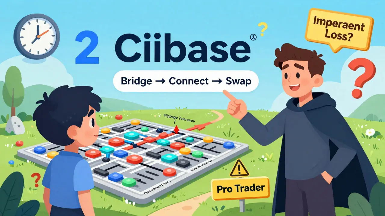 Confused beginner overwhelmed by DeFi controls while pro trader shows simple path to swap