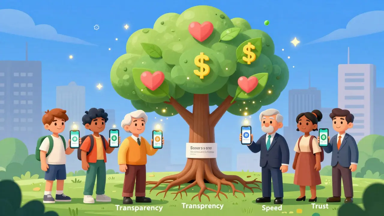 Diverse donors sending crypto donations that grow into a tree of transparency and trust.
