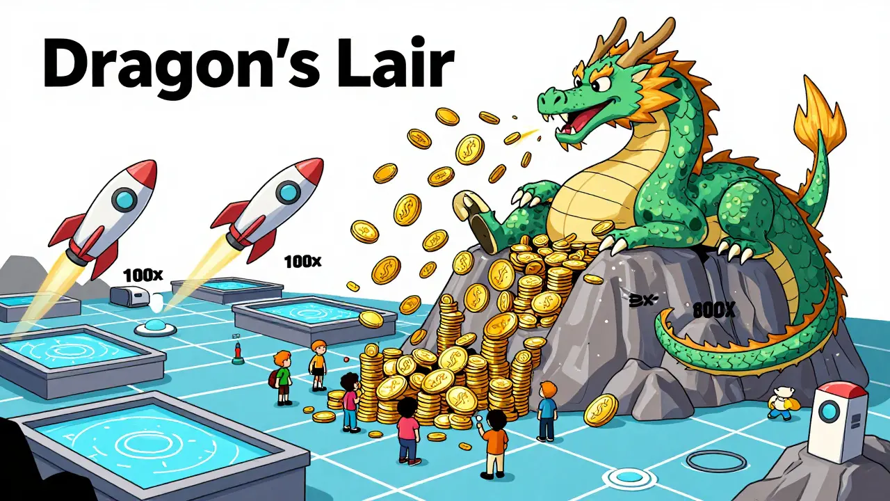 Dragon hoarding QUICK tokens and raining fee rewards on stakers in a vibrant DeFi world