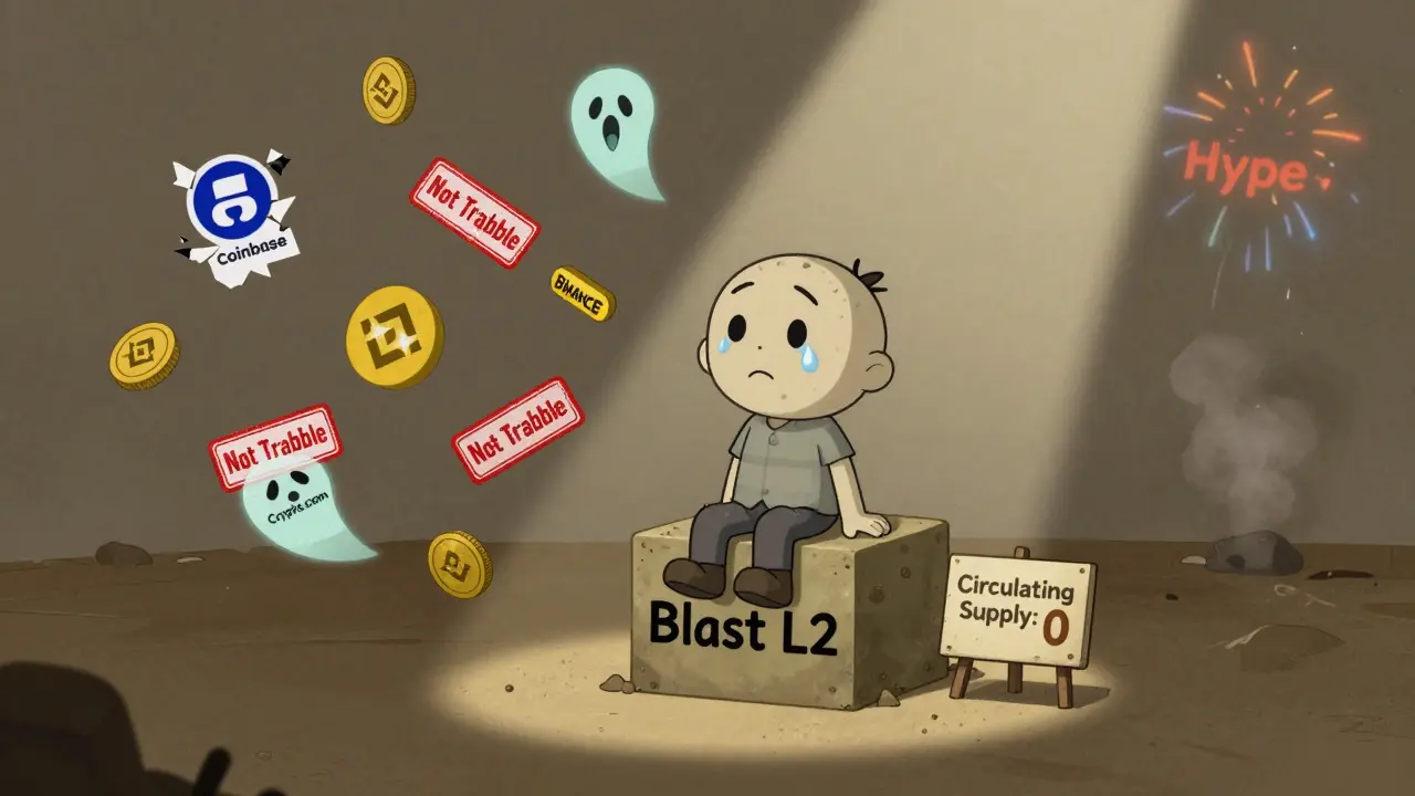 Faded cartoon Andy sitting alone on a blockchain block surrounded by broken exchange logos and zero supply signs.