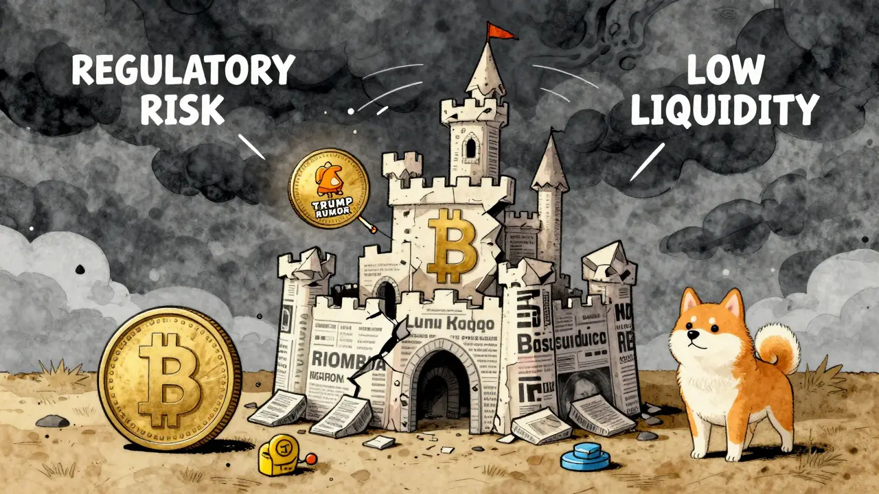 Fragile TROG castle made of memes about to be burned, while other coins stand strong.