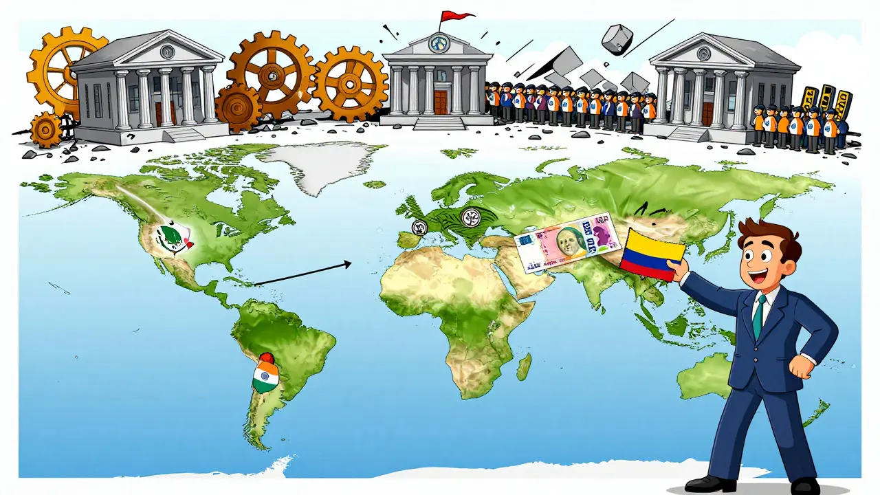 Global map with stablecoin arrows connecting countries, while old bank systems crumble in the background.