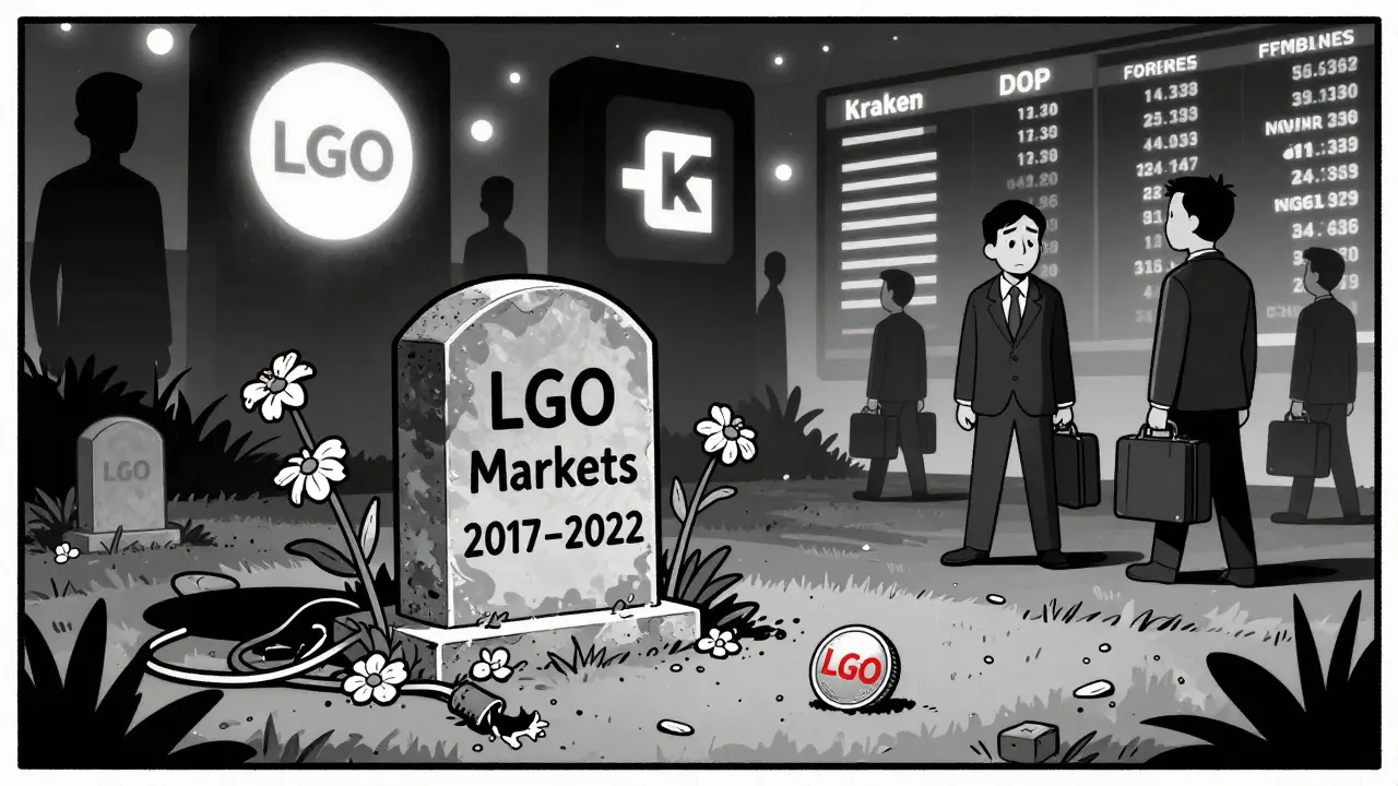 Grave of LGO Markets with faded token, overshadowed by giant Kraken and Coinbase signs as ex-employees leave.