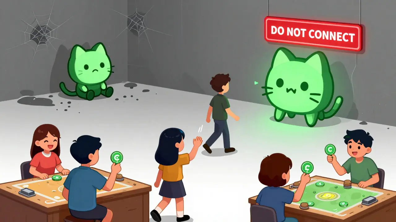 Happy cat crypto projects thriving while lonely KTN token fades in the corner.