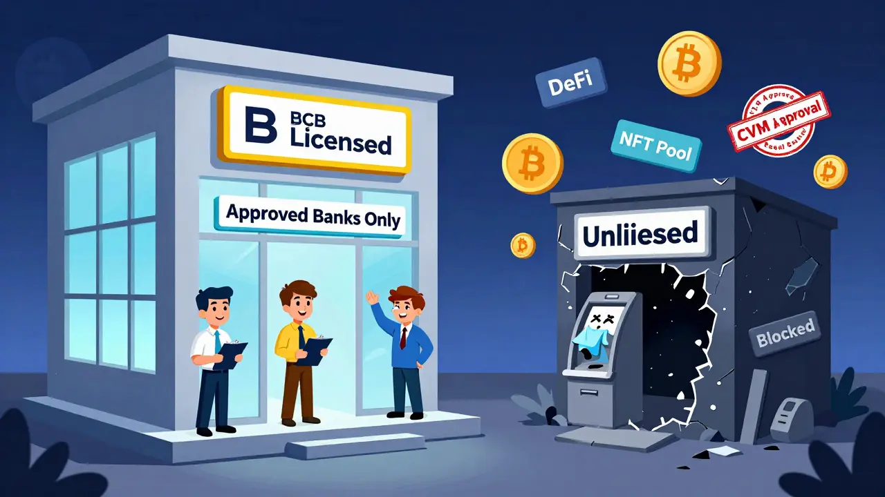 Licensed crypto building vs. crumbling unlicensed one with CVM approval stamps.