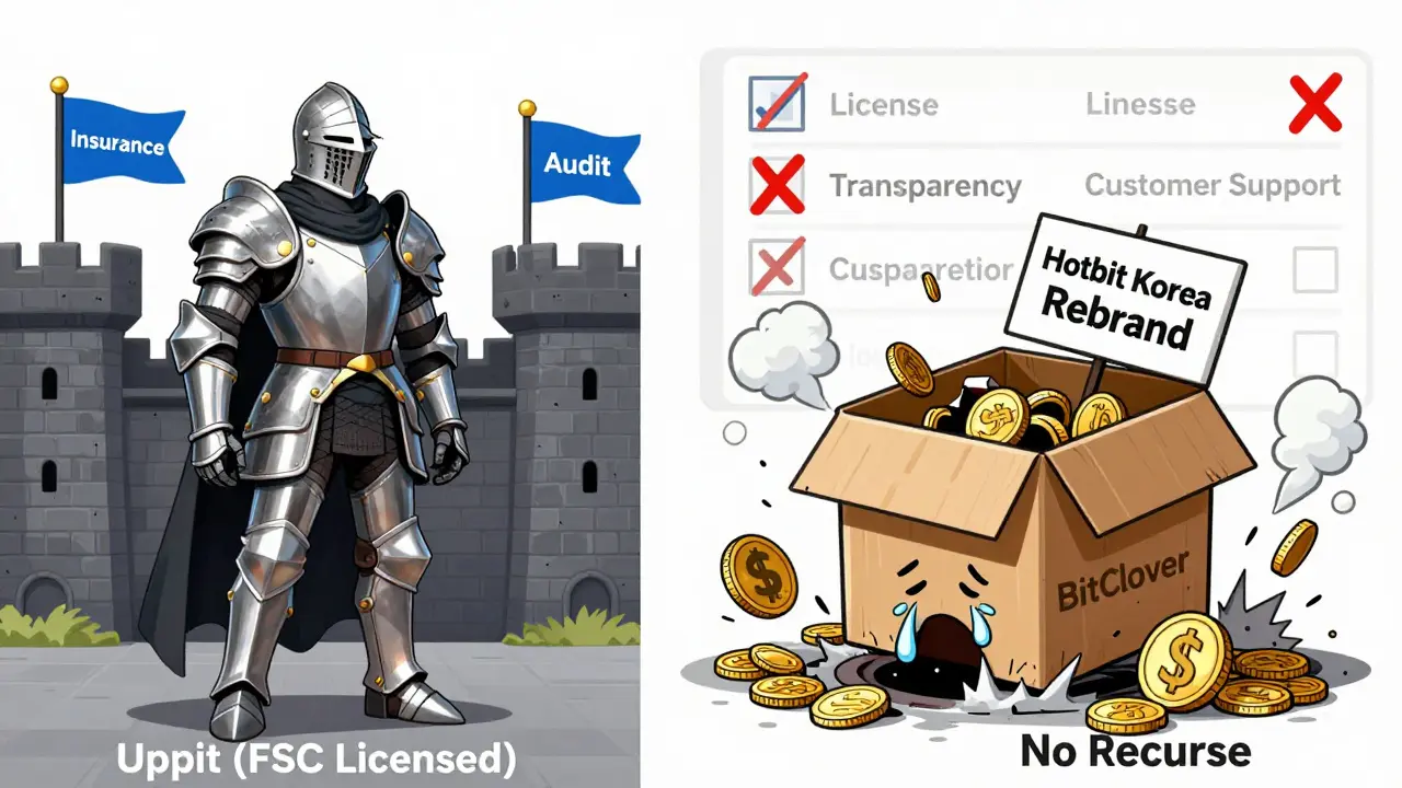 Licensed exchange knight safe in castle vs. collapsing cardboard BitClover box with crypto falling into void.