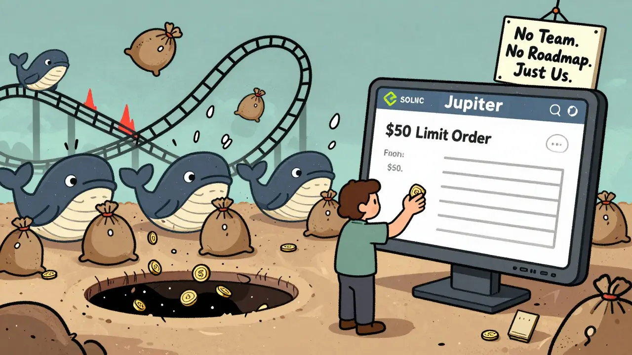 Lone trader placing small order on giant exchange while whales dump tokens into a bottomless pit.