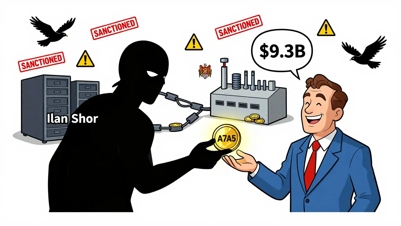 Masked figure handing A7A5 coin to Russian banker, linked to Kyrgyz server and German factory via blockchain.