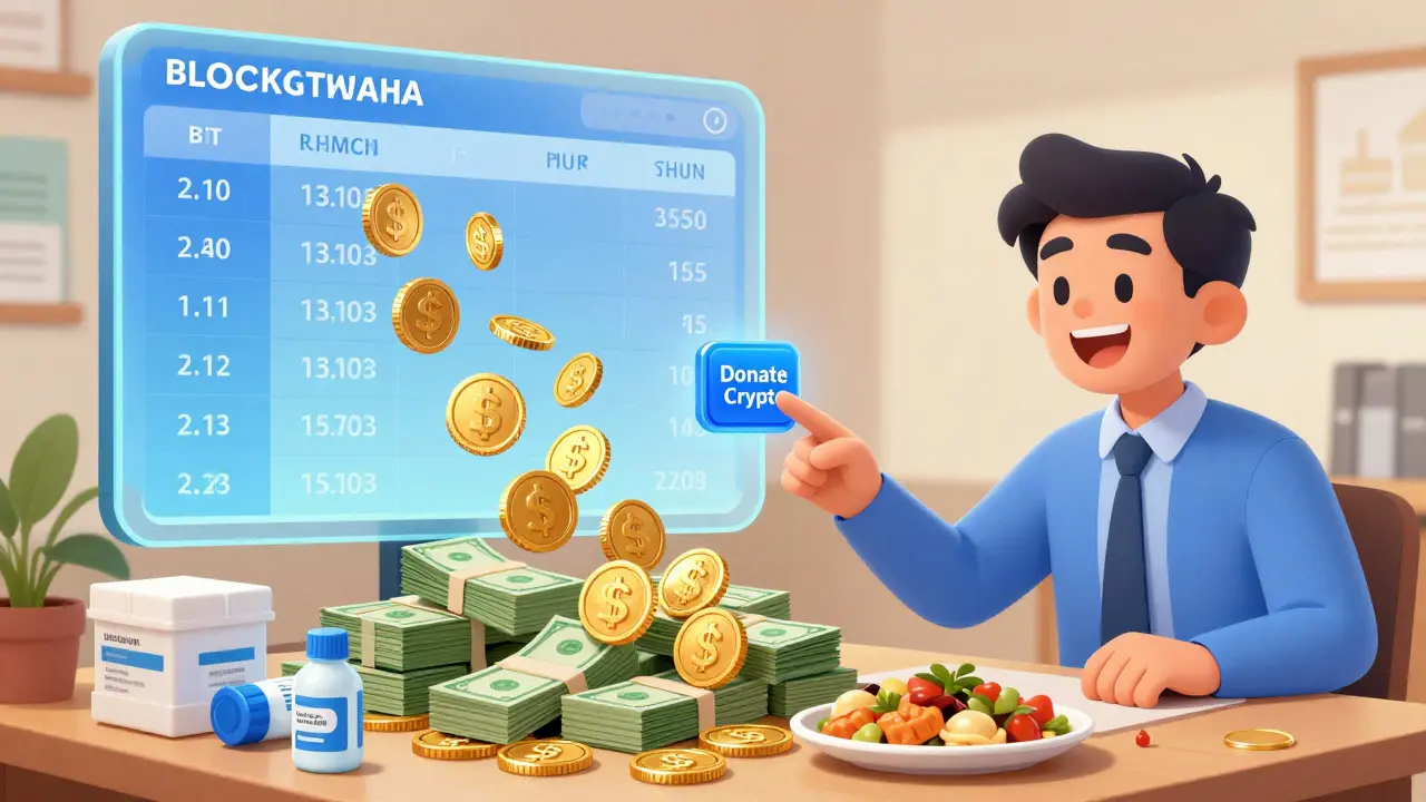 Nonprofit staff member clicking a button that turns crypto donations into food and supplies.