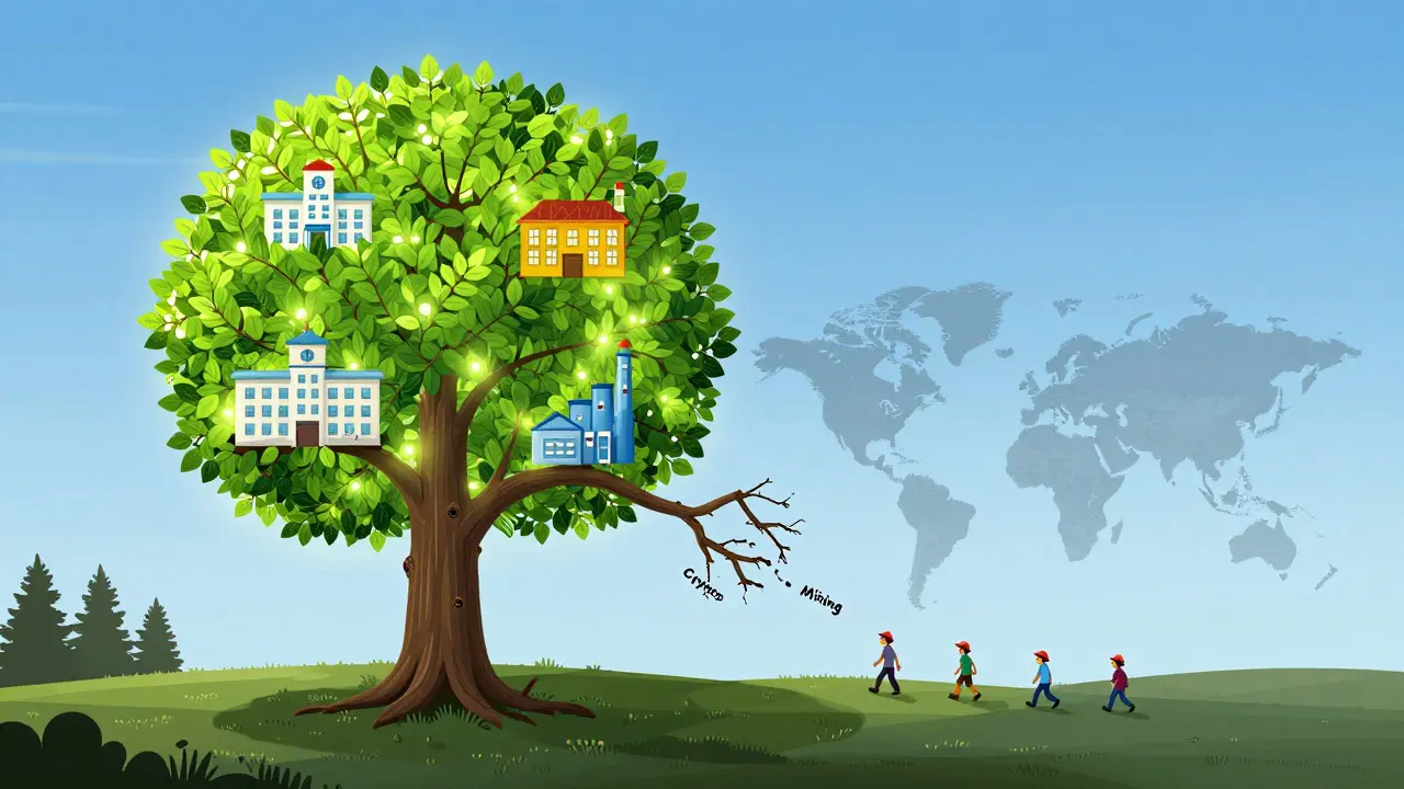 Norway's energy grid as a tree: healthy branches for public services, cut branch for crypto mining.