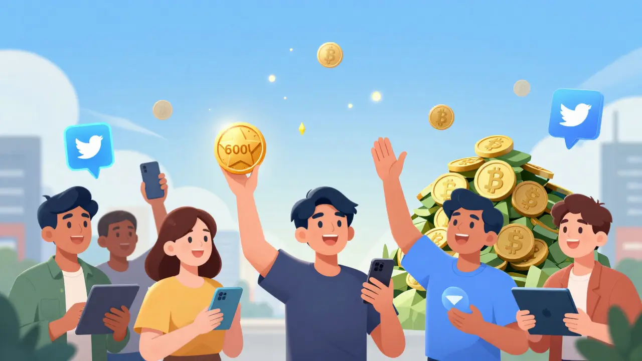 People celebrate as CORA tokens rain down during a CoinMarketCap and MEXC airdrop event with glowing social media icons.