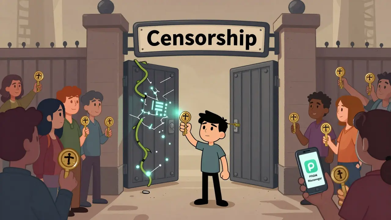 Person using PROM token to unlock a censorship gate, crowd behind them holding similar tokens.