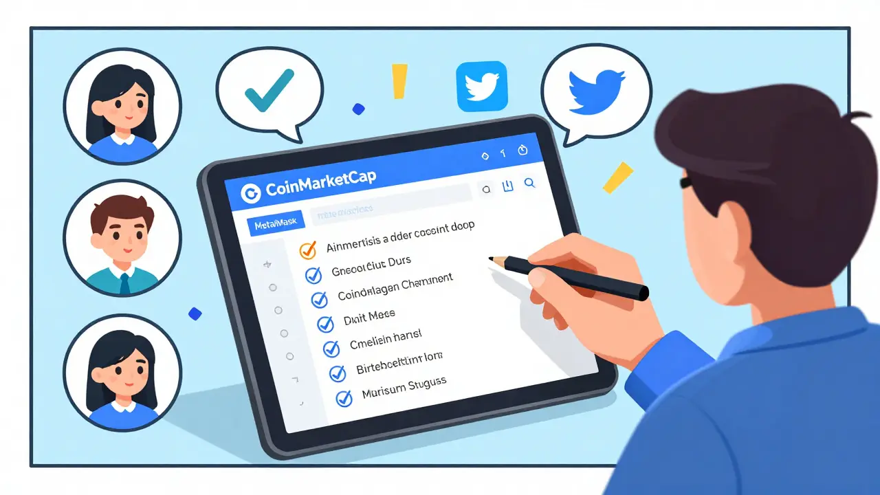 Player completing CoinMarketCap airdrop tasks with wallet connected and friends tagged in cartoon-style interface.