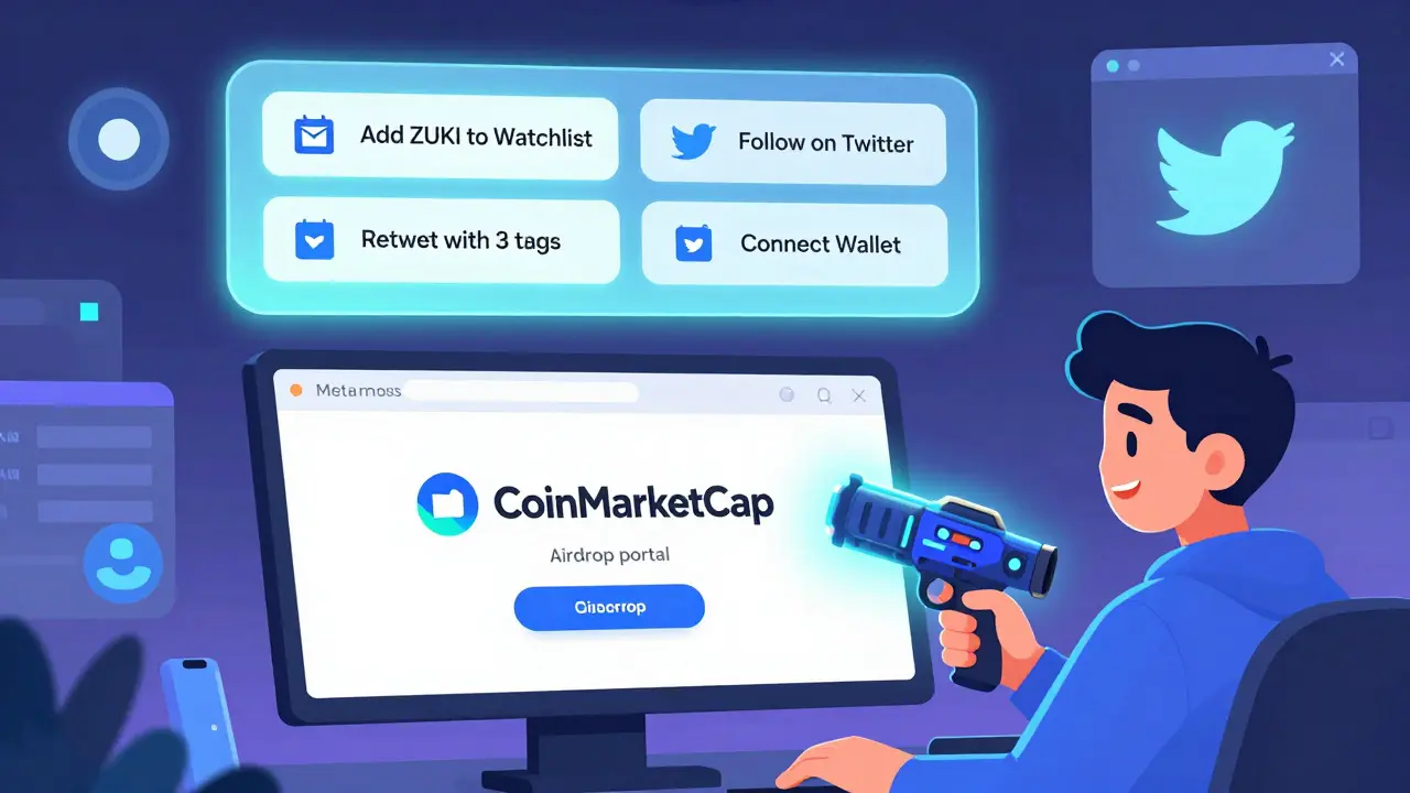 Player connecting a wallet to CoinMarketCap for Zuki Moba airdrop with step-by-step checklist