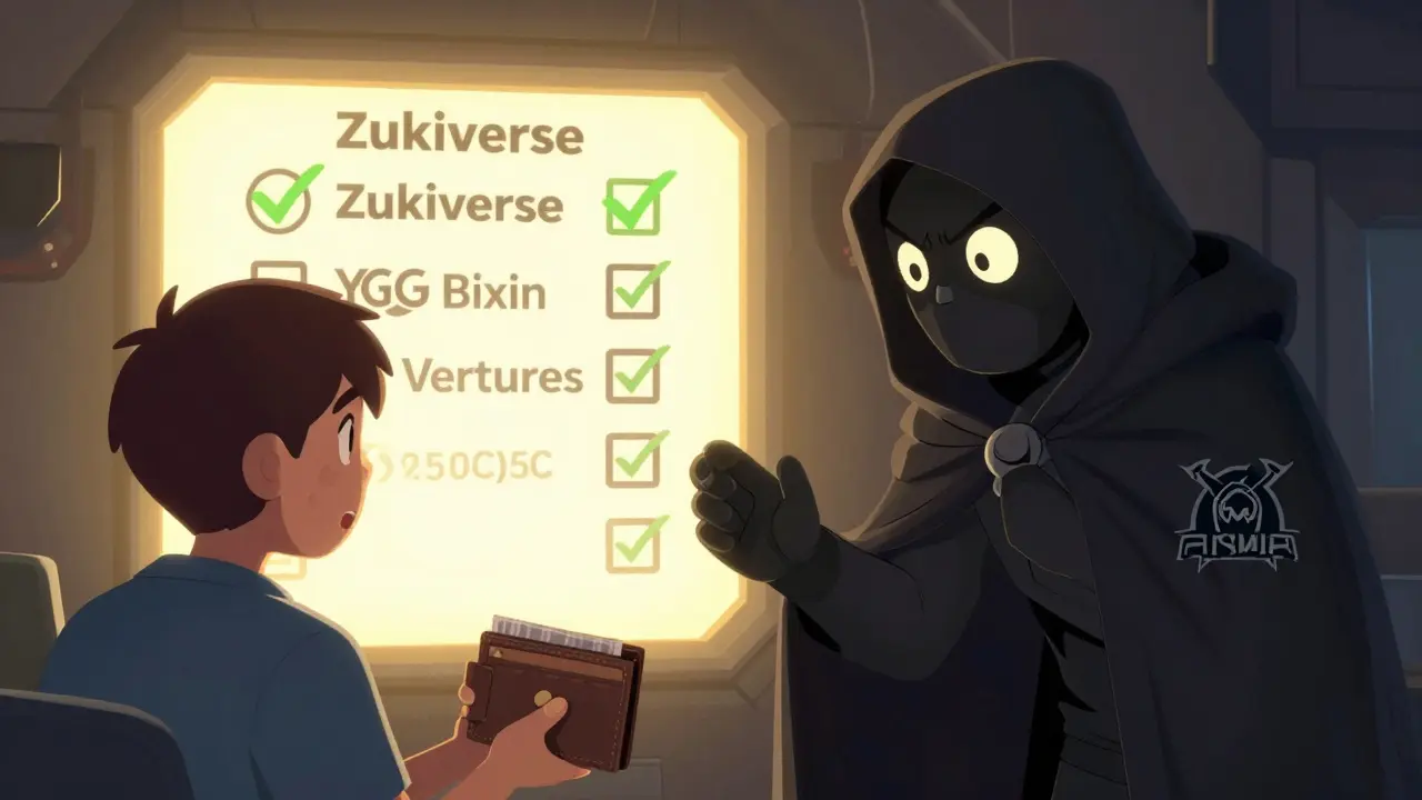 Scammer trying to trick a player while official Zukiverse portal shines with verified logos in cartoon contrast.