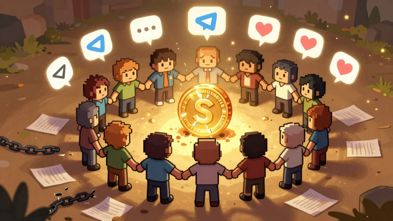 Small community members holding hands around a glowing SOLNIC coin, surrounded by meme chat bubbles.