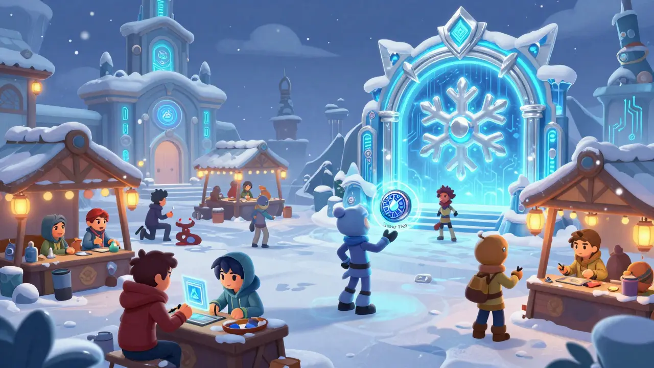 Snowy Metaverse marketplace with players trading NFT skins under a glowing seasonal portal