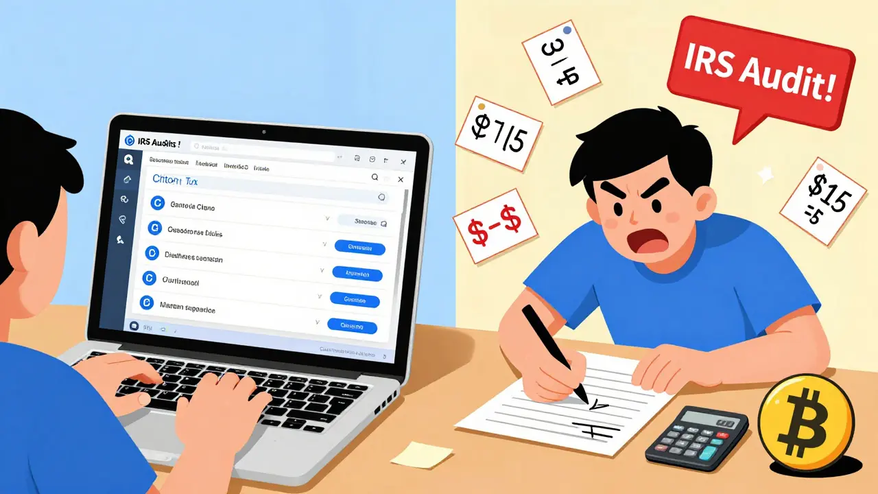 Split cartoon scene comparing easy tax software vs chaotic manual crypto tracking