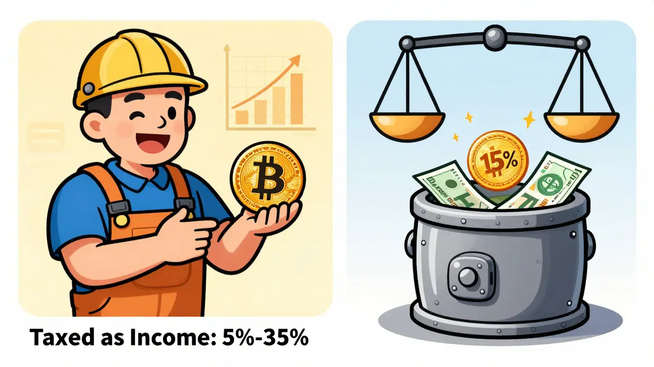Split cartoon scene: miner taxed on income vs trader paying 15% on crypto cash-out.