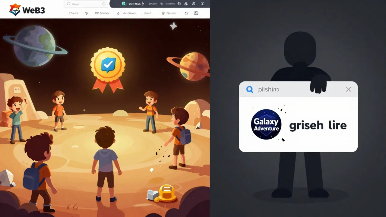 Split cartoon scene: real gamers earning NFTs on left, scam victim losing wallet on right with crumbling fake logo.