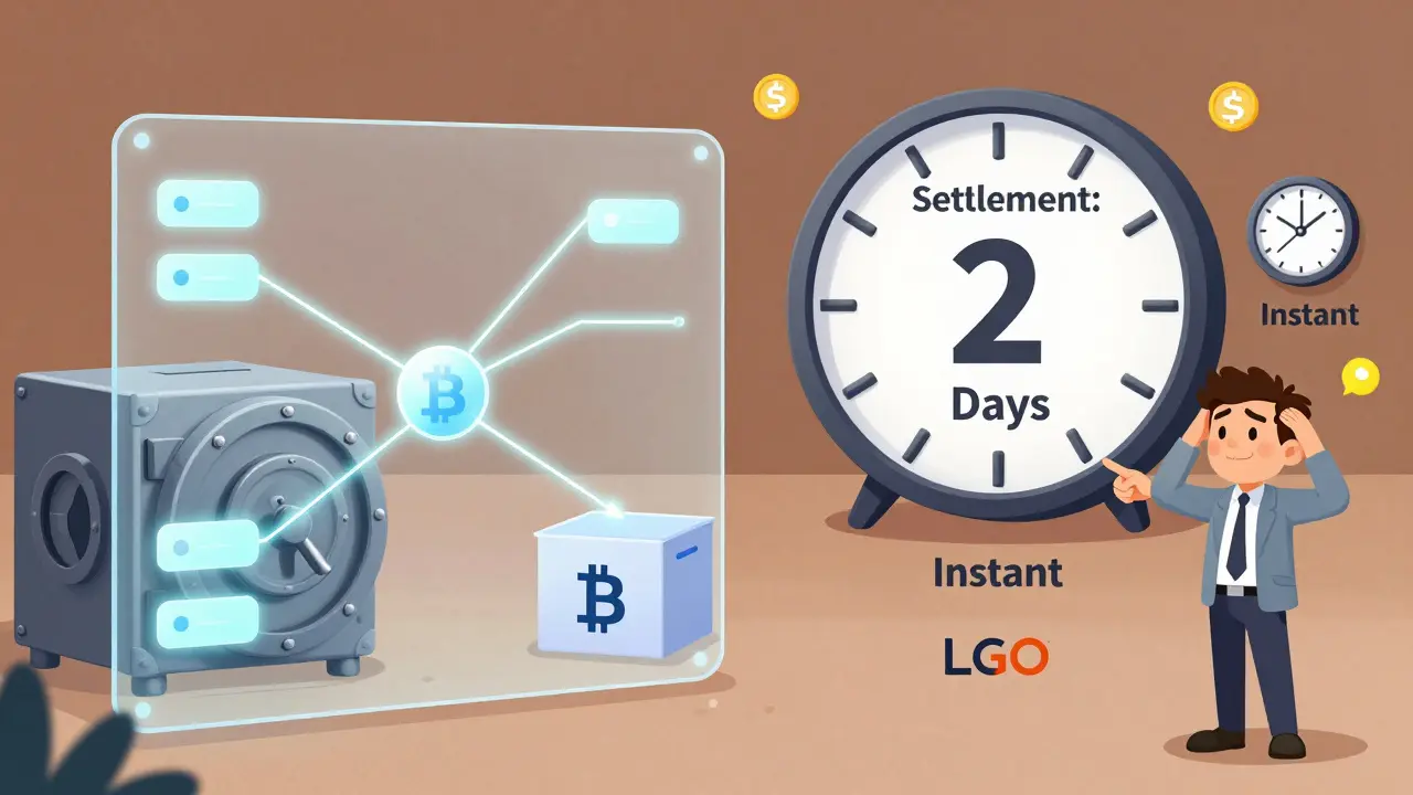 Split illustration: slow, secure LGO settlement vs. fast, chaotic retail exchanges with clock comparisons.