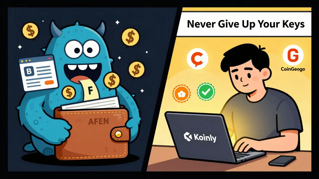 Split scene: a wallet being drained by scam links vs. someone using trusted crypto sites safely.