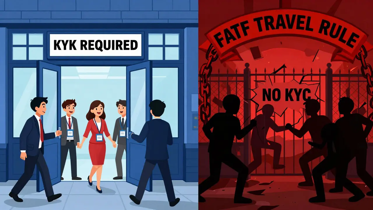 Split scene: compliant users entering a secure exchange vs. anonymous traders blocked by regulatory chains.