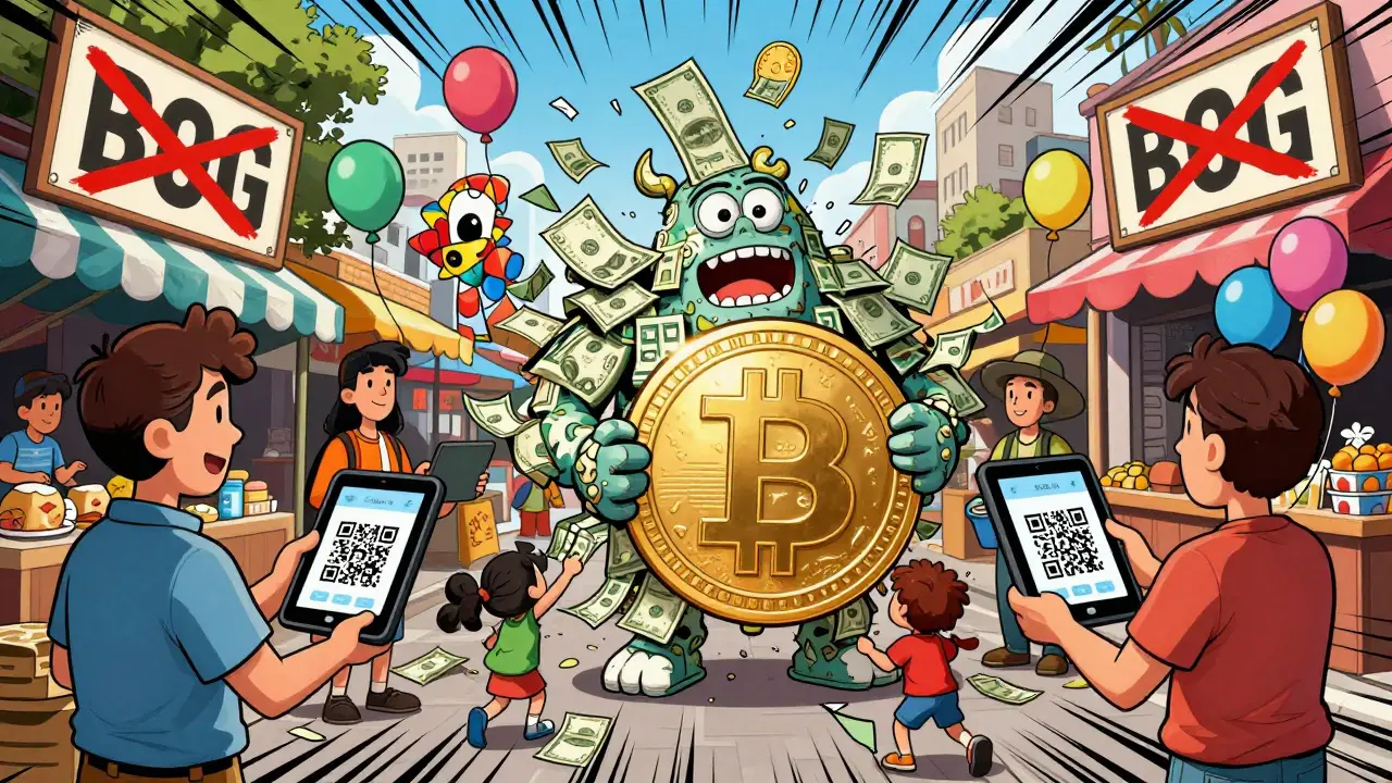 Street vendors in Argentina accept digital stablecoins while inflation looms as a monster in cartoon style.