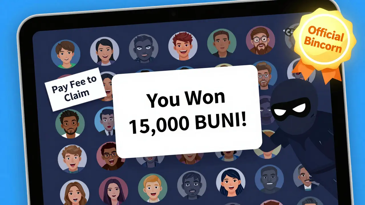 Telegram chat notification showing BUNI airdrop win, scammer trying to interfere.