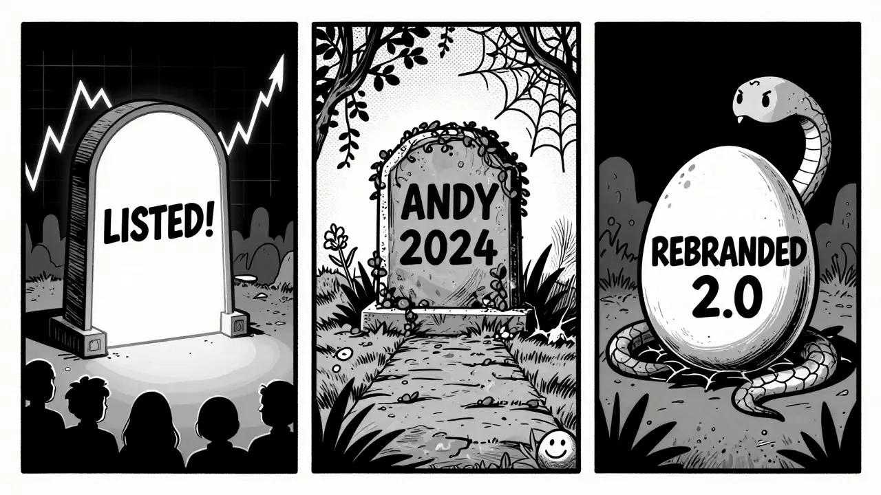 Three cartoon paths for AndyBlast: listed exchange, tombstone, and rebranded egg, in comic panel style.
