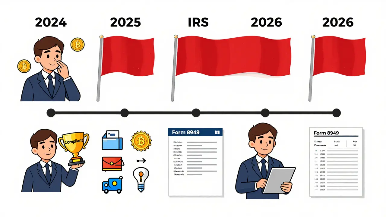 Timeline cartoon showing crypto tax compliance from neglect to organized filing