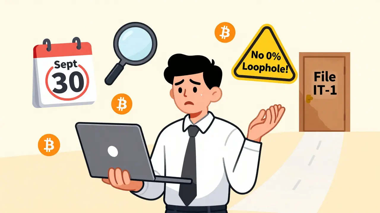 Trader using Koinly app surrounded by tax deadlines, old crypto holdings, and warning signs.