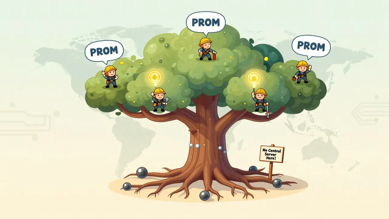 Whimsical blockchain tree with nodes and PROM token branches, miners harvesting tokens.