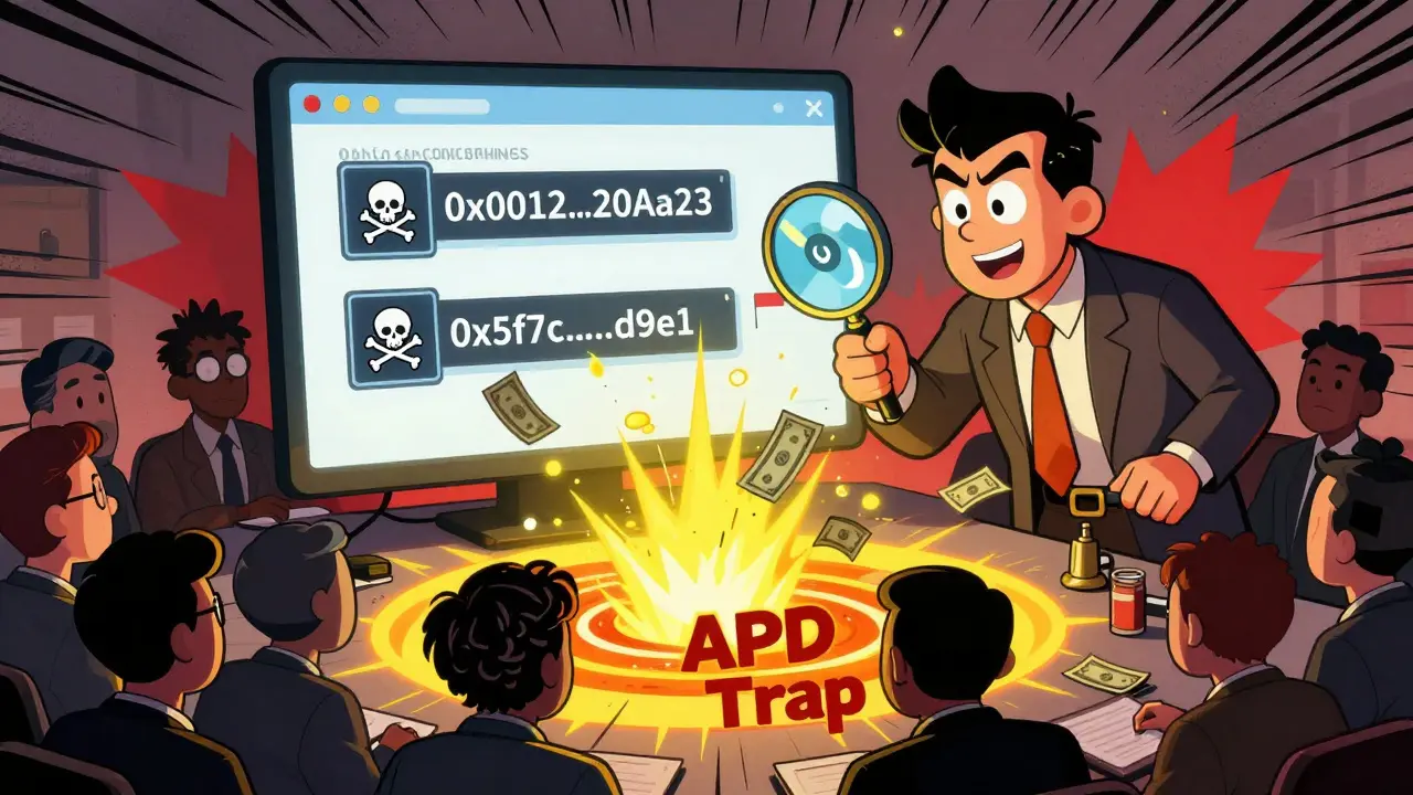 A detective examining two blockchain contract addresses as investors blindly throw money into a trap labeled 'APD Ticker'.