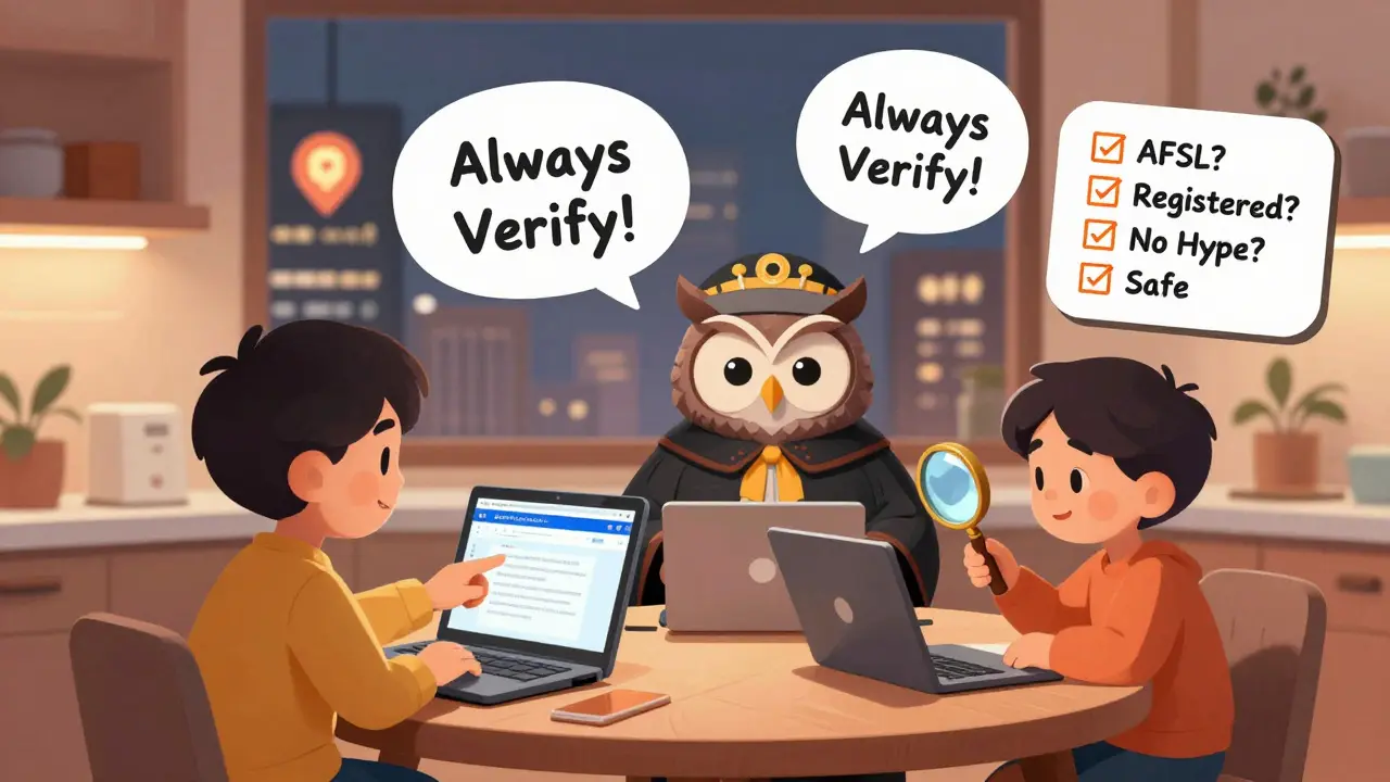 A family checking an exchange's license on ASIC's website while ignoring a misleading crypto ad.