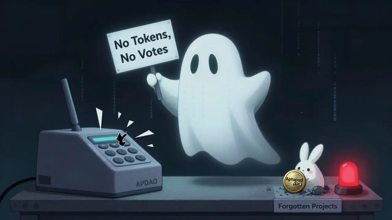 A ghost made of code above a broken DAO machine, next to a dusty tiny token labeled Aptopad APD.