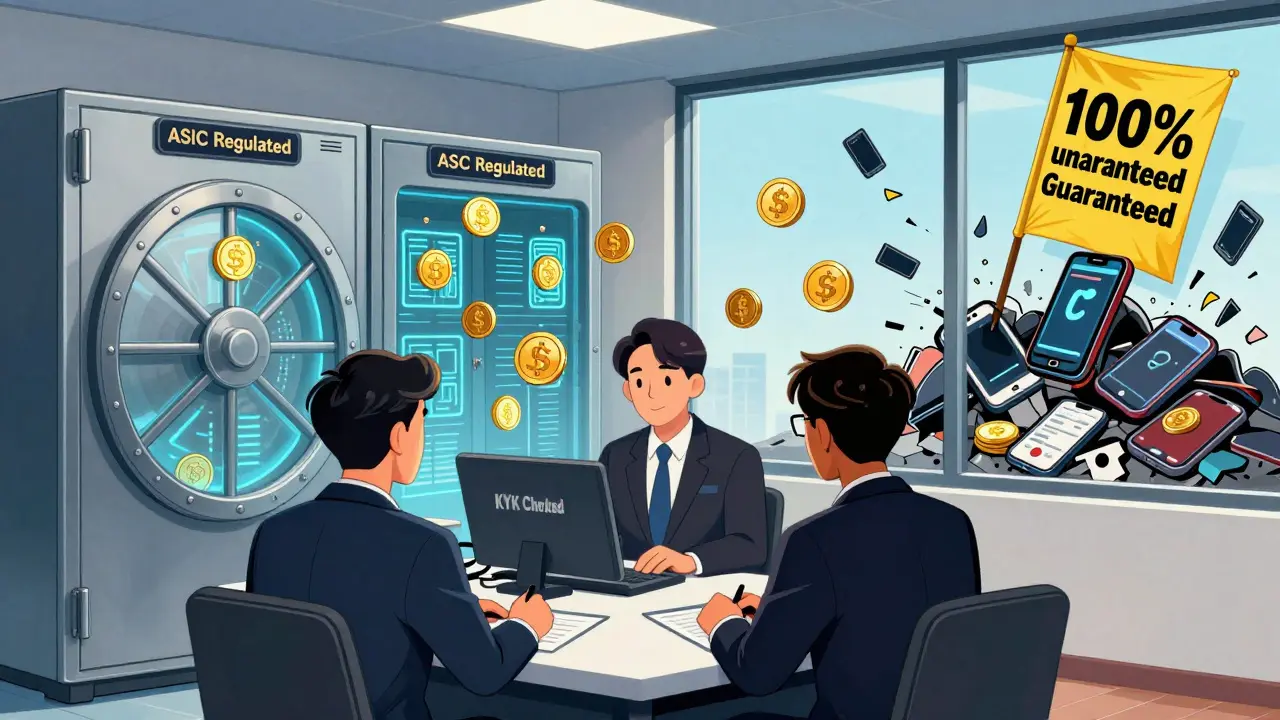 A licensed crypto exchange with KYC verification and secure cold storage, while unlicensed platforms collapse nearby.