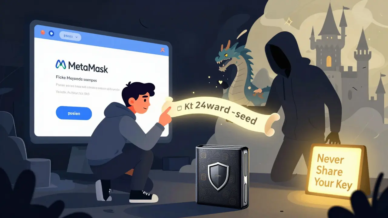 A player falling for a phishing scam as a hacker steals their seed phrase, while their NFT assets vanish.